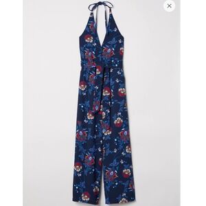 NWT H&M Halterneck Jumpsuit Navy Blue Floral Belted Womens‎ Sz 8
